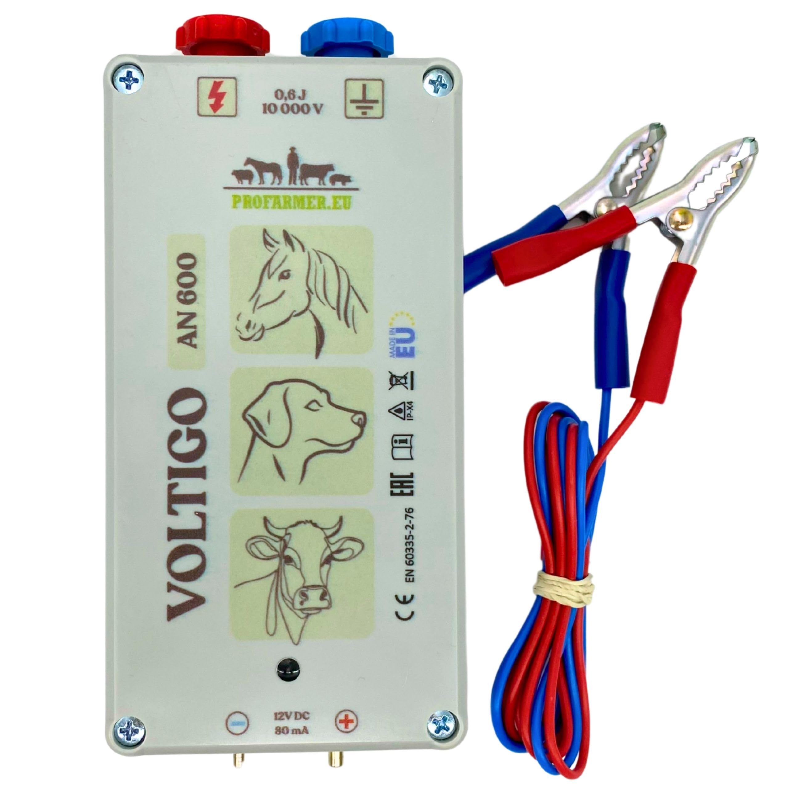 VOLTIGO AN 600 urządzenie do ogrodzenia pastwiska, 230 V/12 V, mobilne ogrodzenie elektryczne dla koni, psów, bydła, drobiu, w zestawie adapter sieciowy, kabel akumulatora 10 000 V