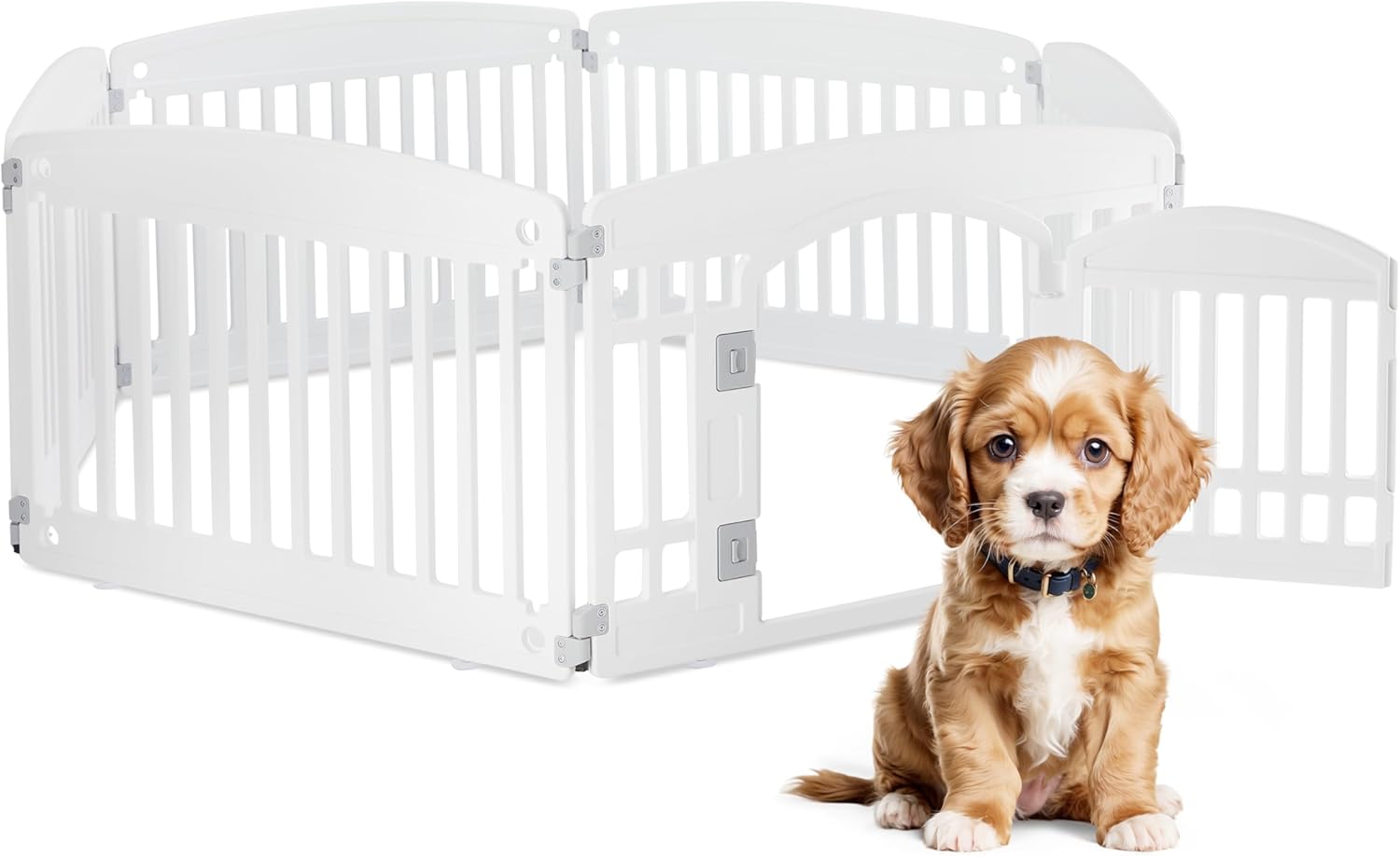 HealSmart 6 Panel Dog Playpen, 24” Exercise Puppy Playpen with Door, Safe, Secure, Folding & Portable Pet Playpen for Indoor & Outdoor Use, Suitable for Puppies and Small, White