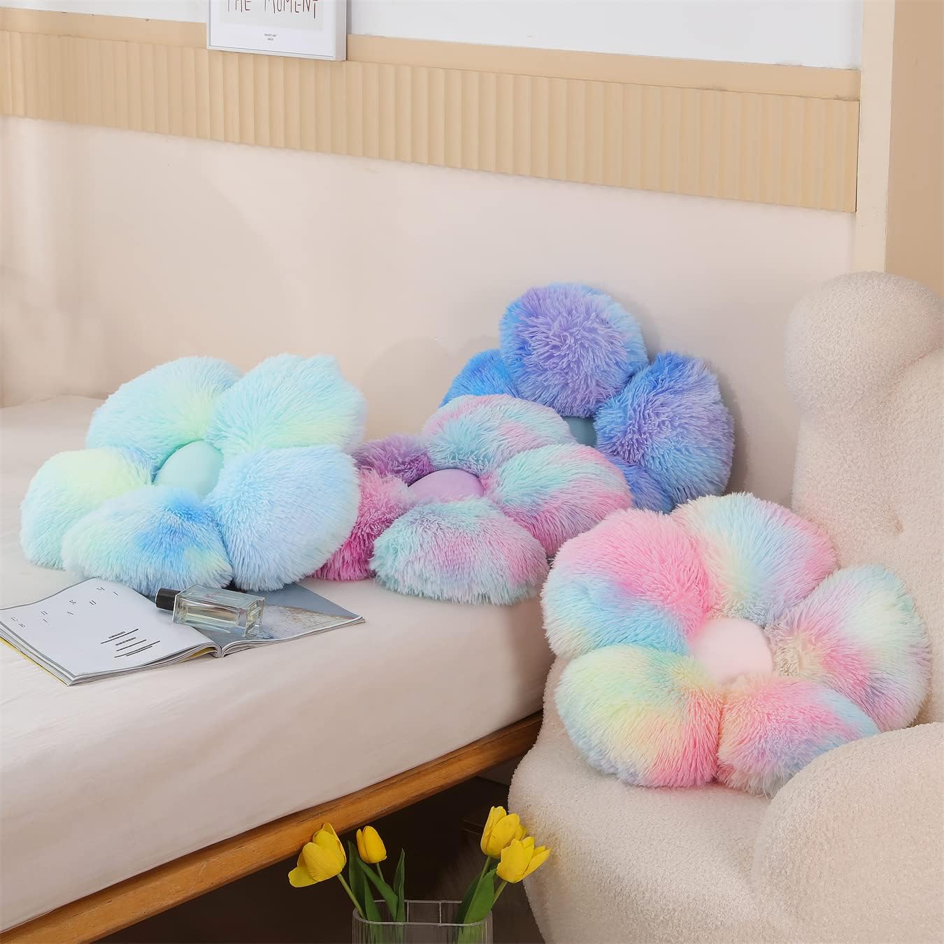 Faux Fur Pillow,Flower Shaped Throw Pillow Butt Cushion Flower Floor Pillow,Seating Cushion,Cute Room Decor & Plush Pillow for Bedroom Sofa Chair (19.7 Inches, Rainbow Pink)