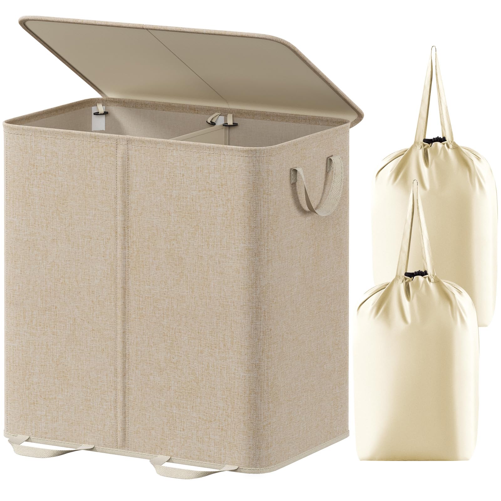 Lifewit Double Laundry Hamper with Lid and Removable Laundry Bags, Large Collapsible 2 Dividers Dirty Clothes Basket with Handles for Bedroom, Laundry Room, Closet, Bathroom, College, 136L Beige