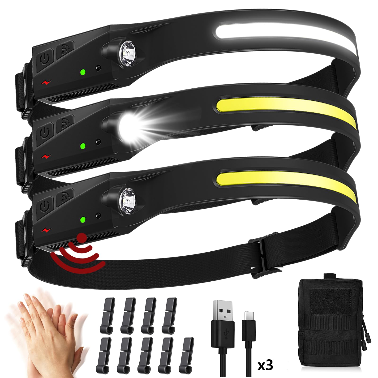 Headlamp Rechargeable,3 Pack Super Bright 1000 Lumen 5 Modes 1200mAh Lampe Frontale,230°Wide Beam Motion Sensor Head Lamp,0.14lb Lightweight IPX4 Waterproof Headlight for Camping,Running,Hiking-image-41