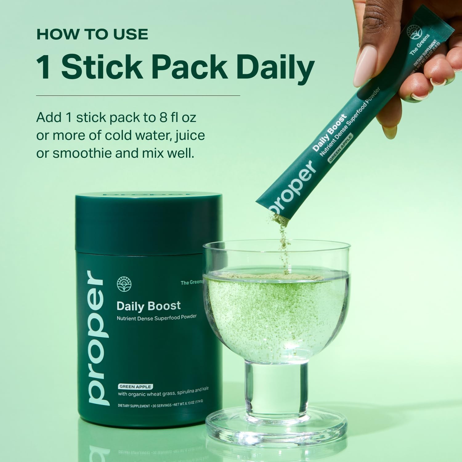 Proper, The Greens Daily Boost Organic Greens Powder. Whole Food, Apple Flavor Veggie Powder Superfood with Wheatgrass, Spirulina, Chlorella, Probiotics. Daily Drink Mix for Wellness and Digestion - Image 7