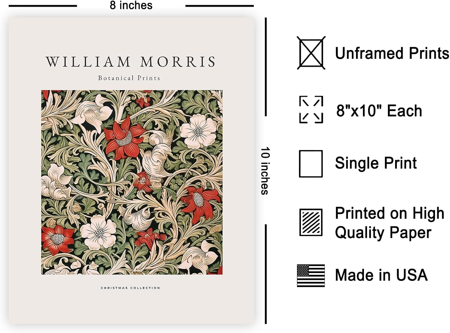 Poster Master William Morris Poster - Flower Print - Textile Pattern Art - Christmas Art - Gift for Him, Her & Florist - Floral Decor for Living Room, Bedroom or Flower Shop - 8x10 UNFRAMED Wall Art
