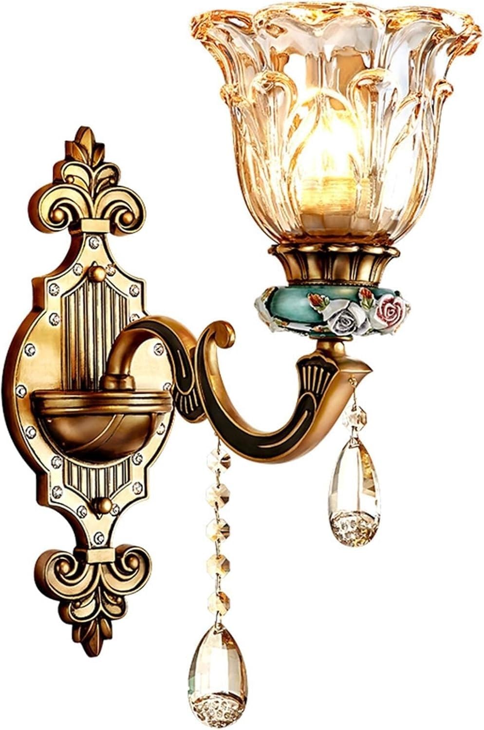 Cwcqgh Light Copper Wall Lamp With Crystal Sconce And Floral Design 1 Glass Shade Brass Wall Mount Ing Fixture