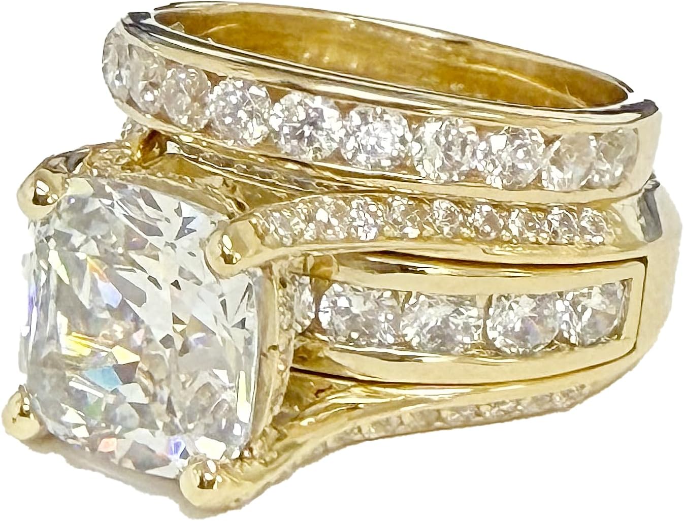 Cushion And Round Cut Sides Diamond Engagement Ring And Band Set In IGI Certified 14K Solid Yellow Gold Hiden Halo Wedding Bridal Ring 7.50