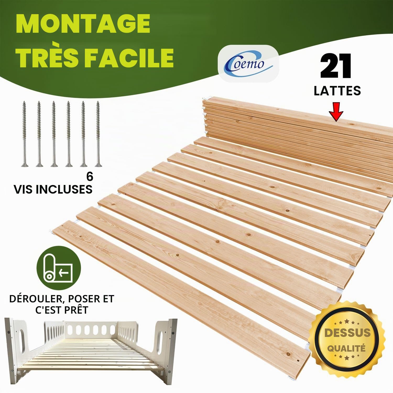 Coemo Sommier déroulable 90 x 200 cm – 21 Lattes – Sommier à Lattes Extra Solide en Bois Massif – Charge maximale : 250 kg – Sommier à Lattes déroulables pour lit Simple ou Double
