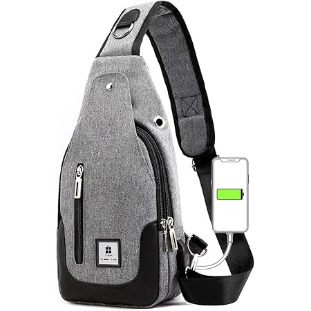 Amazon ボディバッグメンズ 斜め掛け ワンショルダーバッグ Usbポートショルダーバッグ イヤホン穴付き 大容量 軽量 防水 肩掛け カジュアル ブラックグレー ボディバッグ ワンショルダー