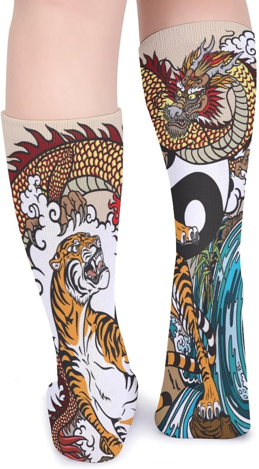 Ying-and-Yang Chinese Dragon And Tiger Knee High Socks Casual Long Stockings Over Calf Sock Tube for Women Men