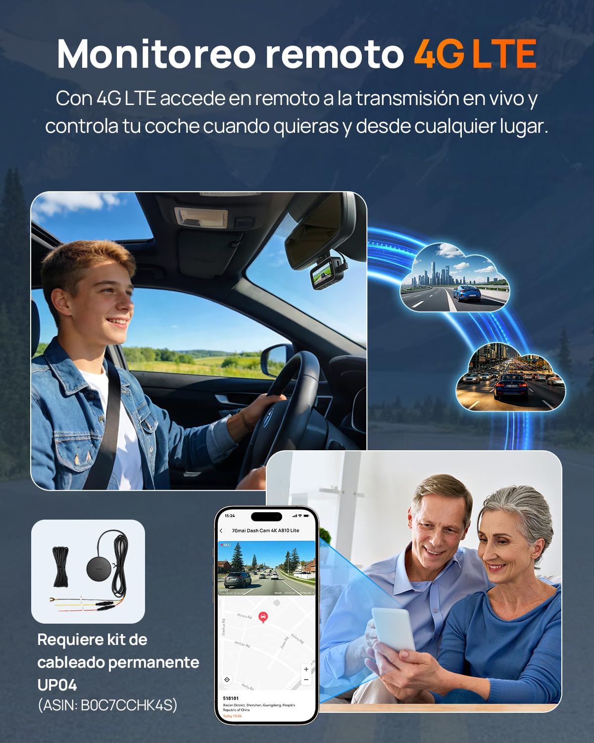 70mai A810 Lite Cámara de Salpicadero 4K Doble, WiFi 6 5GHz, 4G LTE Remoto, GPS, Visión Nocturna HDR, Vigilancia 24h Estacionamiento, Control por Voz, Bloqueo de Emergencia y Grabación Continua