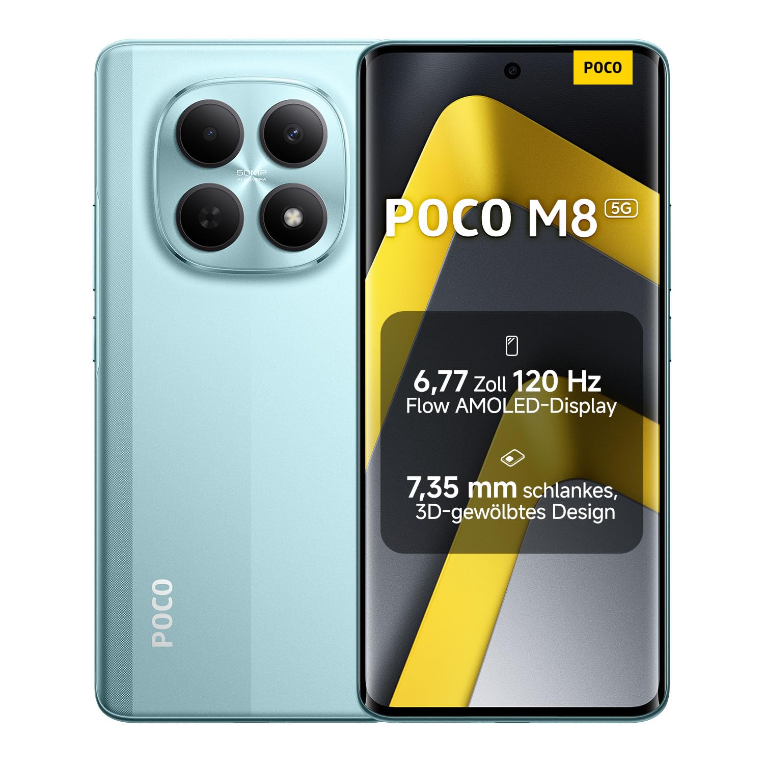 XIAOMI Poco M8 5G Smartphone, 8 GB RAM + 256 GB Speicher, 6,77" 120 Hz Flow AMOLED Display, Snapdragon® 6 Gen 3, 50 MP KI-Dual-Kamera, 7,35 mm schlankes 3D-Curved Design, Grün, 2 Jahre Garantie