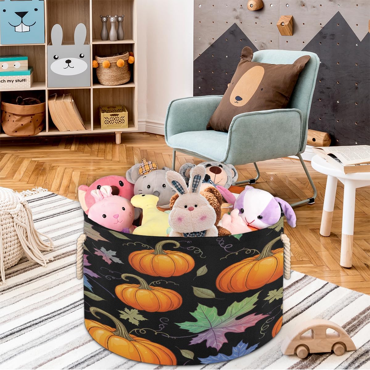 Large Storage Baskets - Pumpkin Fall Leaf Boho Nursery Round Collapsible Organizer Bin Box, Laundry Hamper for Kids Toys, Blanket, Bedroom Living Room Home Decor, Gift Basket, 19.4"x13.3"