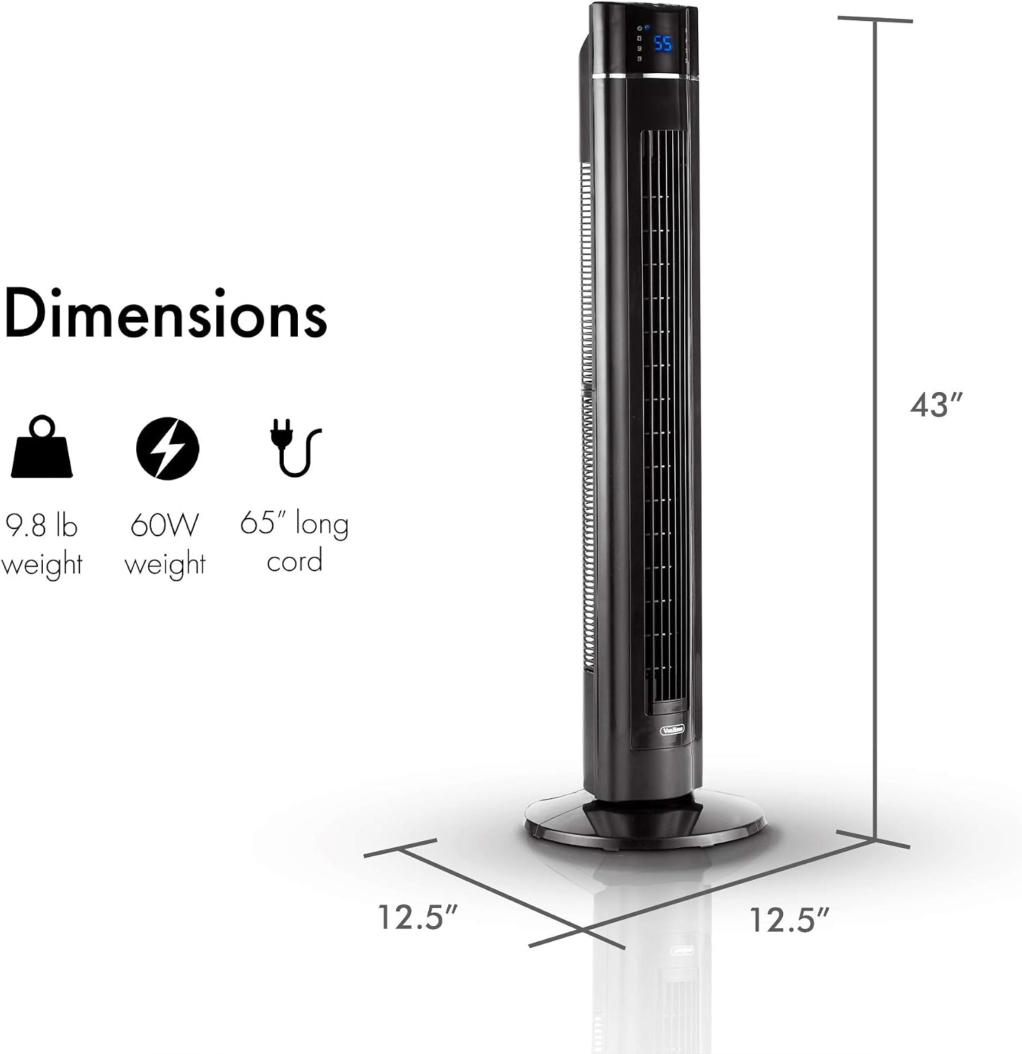 VonHaus 43" Quiet Oscillating Tower Fan with Remote Control, LED Display, 3 Speed and Fan Settings, Aroma Tray and 1-8 Hour Timer
