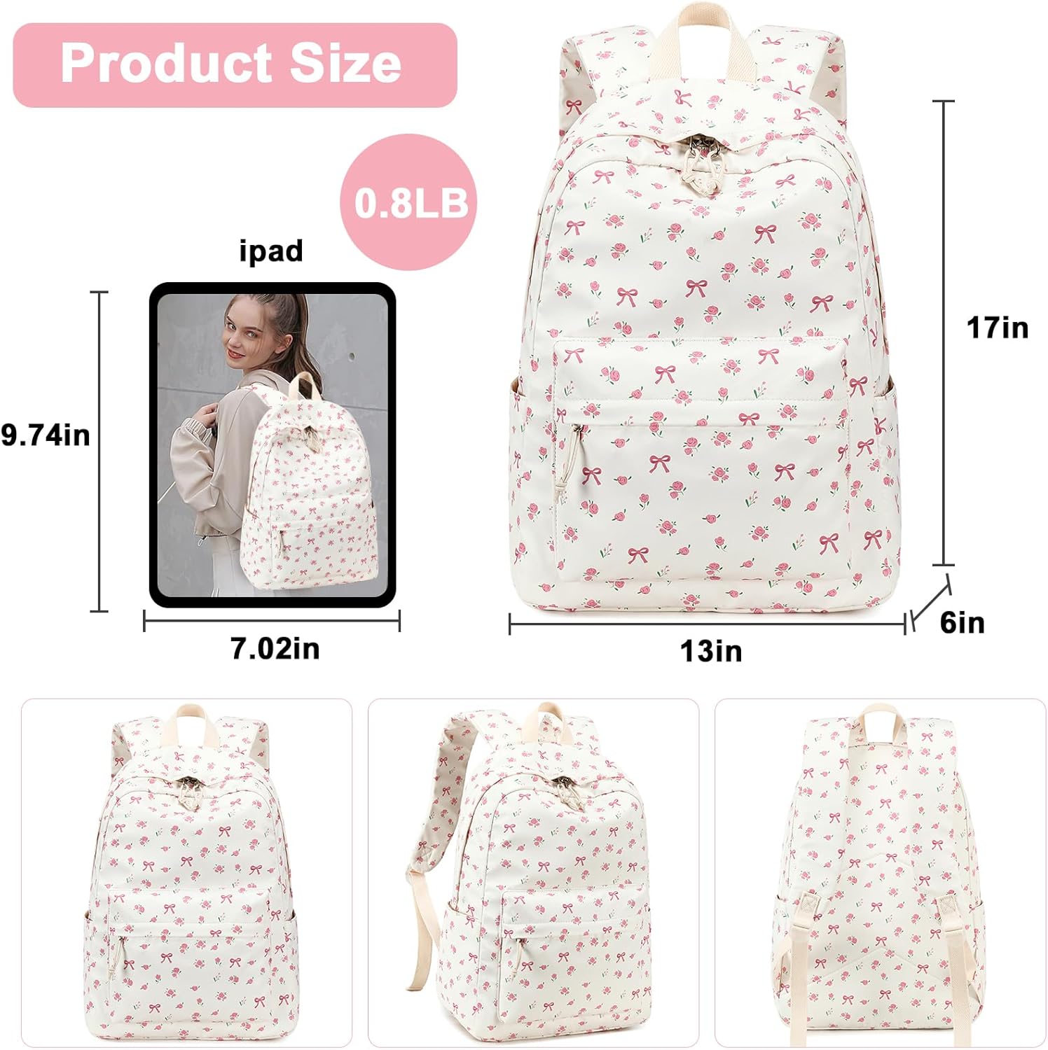 Bluboon Teen Girls School Backpack Kids Bookbag Set with Lunch Box Pencil Case Travel Laptop Backpack Casual Daypacks (Beige bow tie) - Image 8