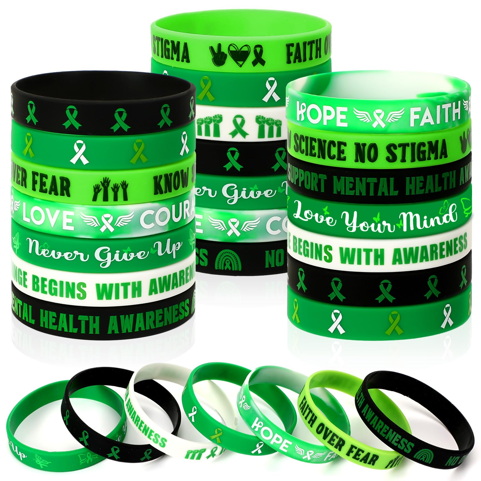 JUNEBRUSHS 42pcs Mental Health Awareness Silicone Wristband Bulk Green Ribbon Inspirational Rubber Bracelets for Mental Health Awareness Faith Courage Hope Party Favor Gift Supplies(7 Style)