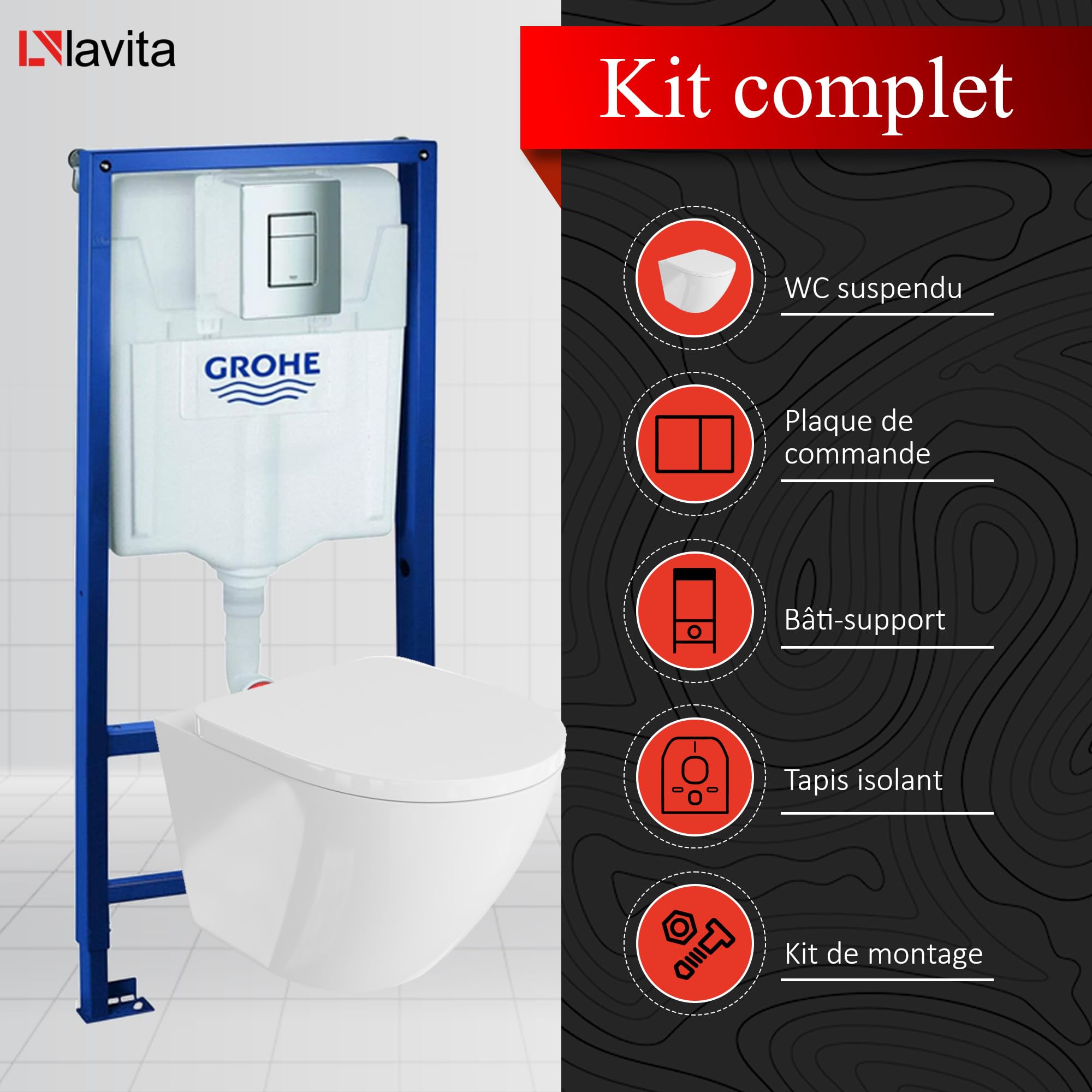 Grohe Rapid SL Élément mural de WC avec plaque de déclenchement + WC mural Lavita sans système de chasse d’eau + abattant WC avec système d'abaissement automatique Soft-Close