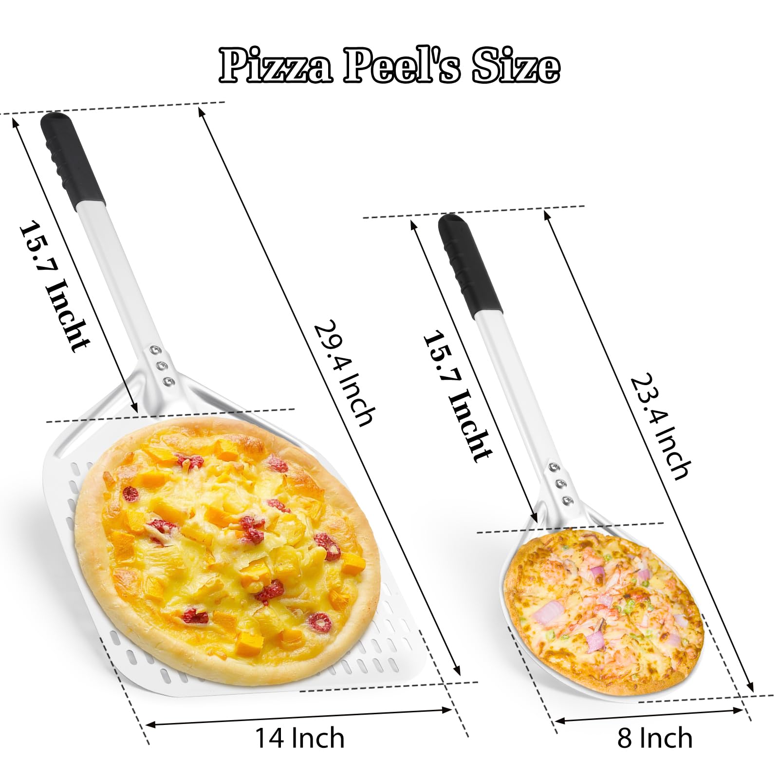 Juego de pala de pizza perforada de 14 pulgadas + 8 pulgadas, pala giratoria de pizza con mango de metal, espátula de pizza para accesorios de horno de pizza caseros