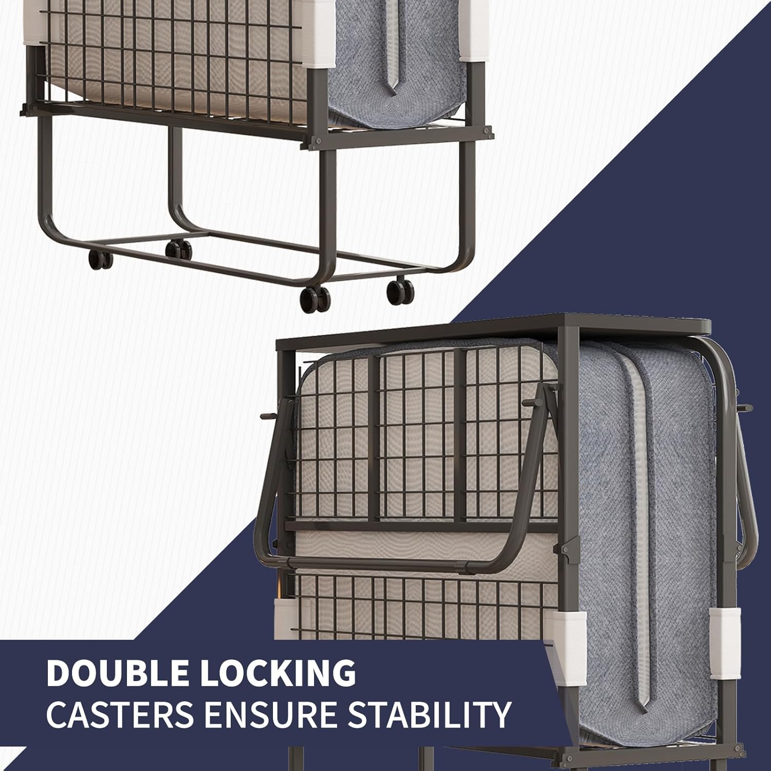 ijuicy Folding Bed,75" x 46" Rollaway Bed with 5" Thickness Mattress for Adults with Storage Cover, High Rebound Foam Filling, Steel Frame with 4 Movable and Lockable Wheels, Headboard