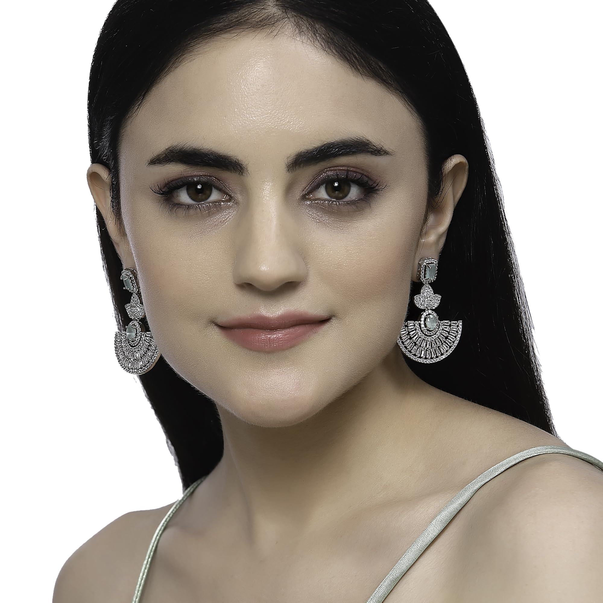 Leaf Shaped Drop Earrings with American Diamond in Rhodium Plating