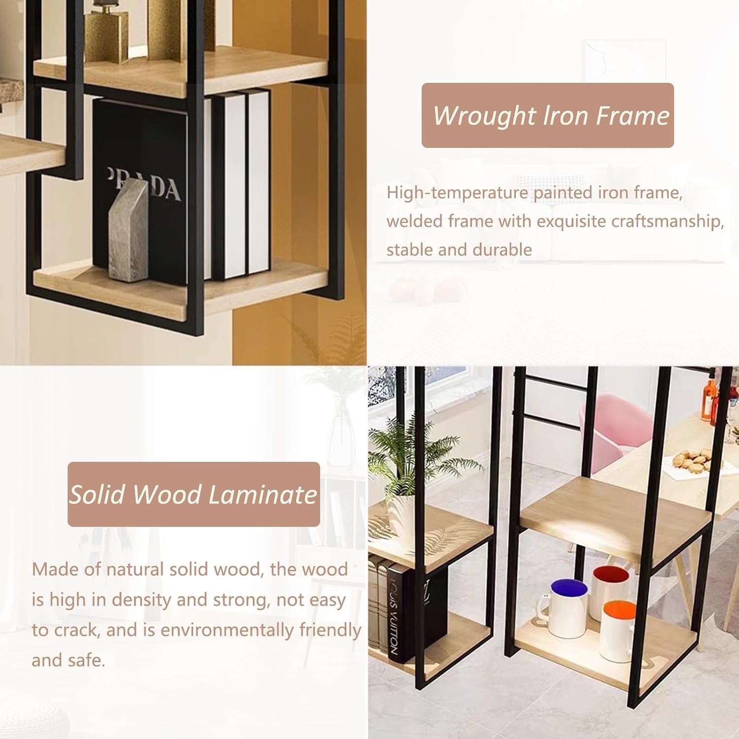 2-Tier Floating Ceiling Shelves - Wooden Wall Mounted Storage Rack with Black Metal Frame for Home, Office, Kitchen Organization (Size: 30x30x85cm)