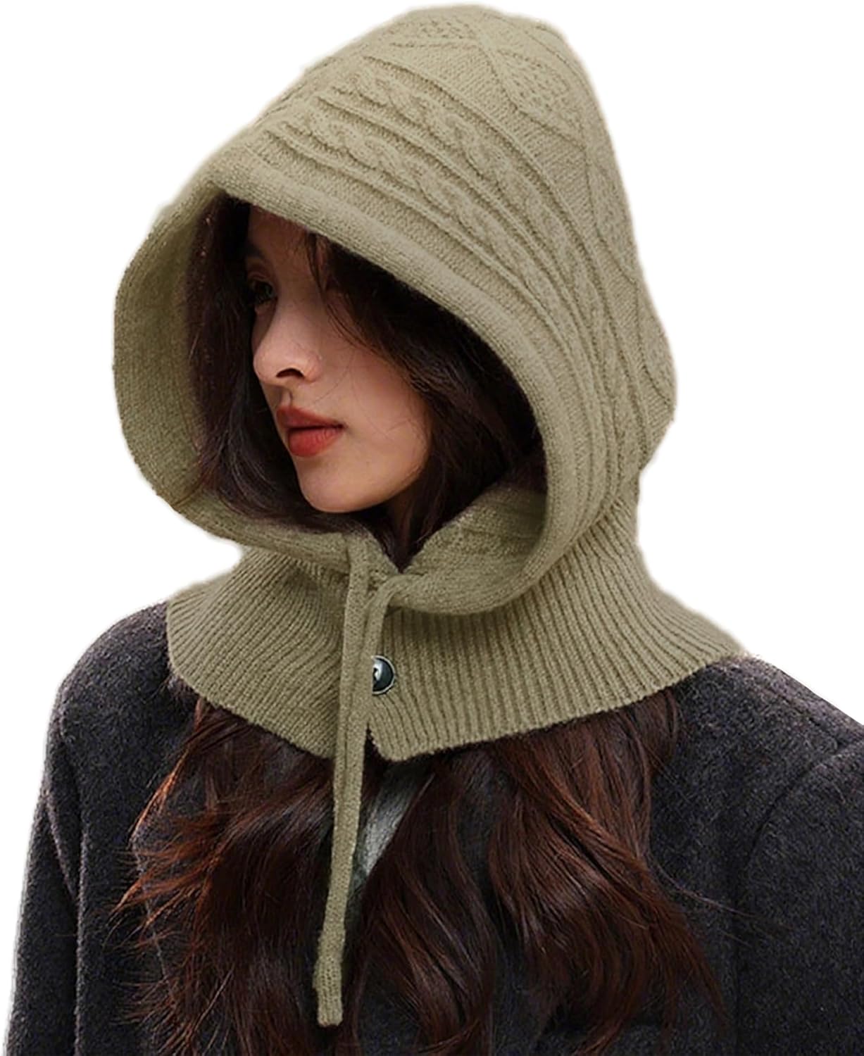 Peicees Knitted Balaclava Drawstring Hooded Scarf Hat Womens Beanie Skull Cap Winter Neck Gaiters Fashion