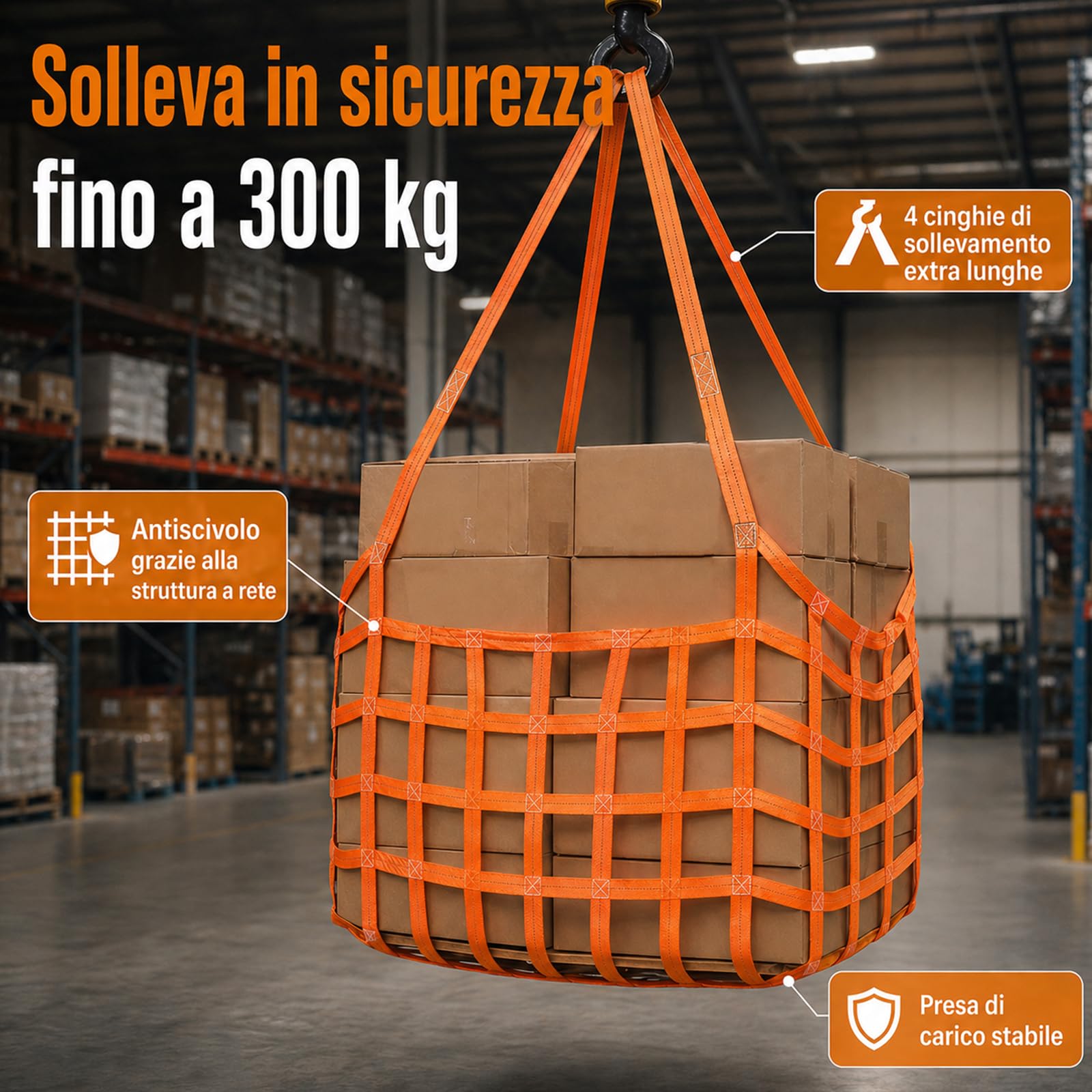 Rete di sollevamento, 1 x 1 m, rete sospesa, rete di sollevamento del carico in poliestere, 10 cm, carico a rete quadrata, 300 kg, rete di sollevamento sospesa per carico e scarico del carico