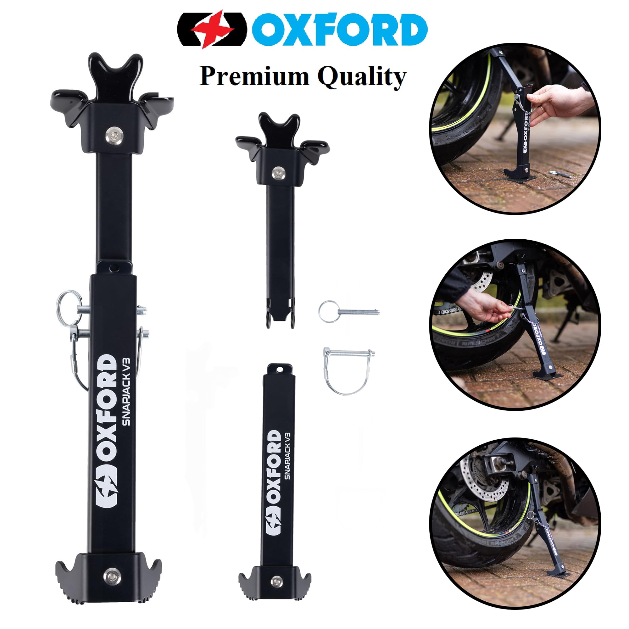 Oxford Snapjack V3 Motorradketten-Wartungsständer, tragbar, kompakt, Hinterradheber für kompakte Motorradketten, Schmierung, Reinigung, Reifenfelge, leicht, mit Zubehör und Tragetasche