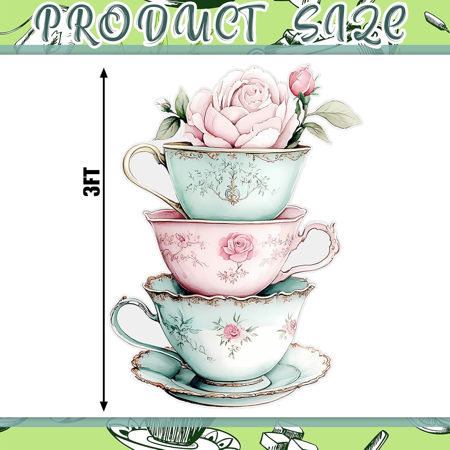Colingmill Tea Party Decorations Tea Cups Cardboard Cutout 35.4 x 24.6 Inch Floral Party Baby Shower Photography Background for Women Birthday Bridal Decorations