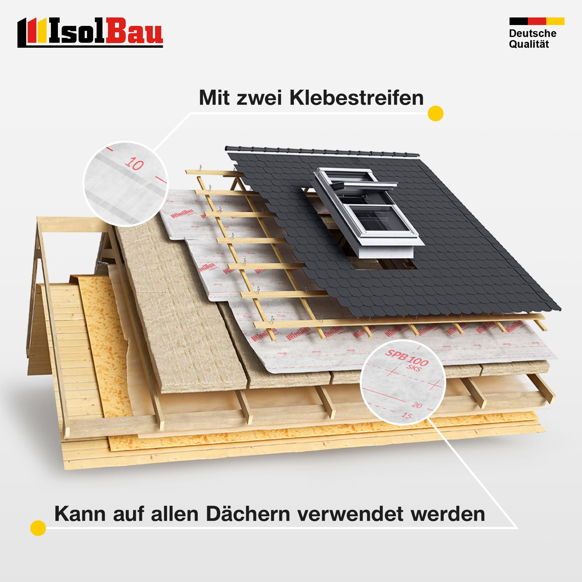 Isolbau Unterspannbahn Dach SPB 100 SKS, 150 m² Rolle (1,5 x 100 m) - Selbstklebende Dachfolie 100 g/m² & 2 Klebestreifen - Dampfdurchlässige Unterdeckbahn, wasserdicht und witterungsbeständig