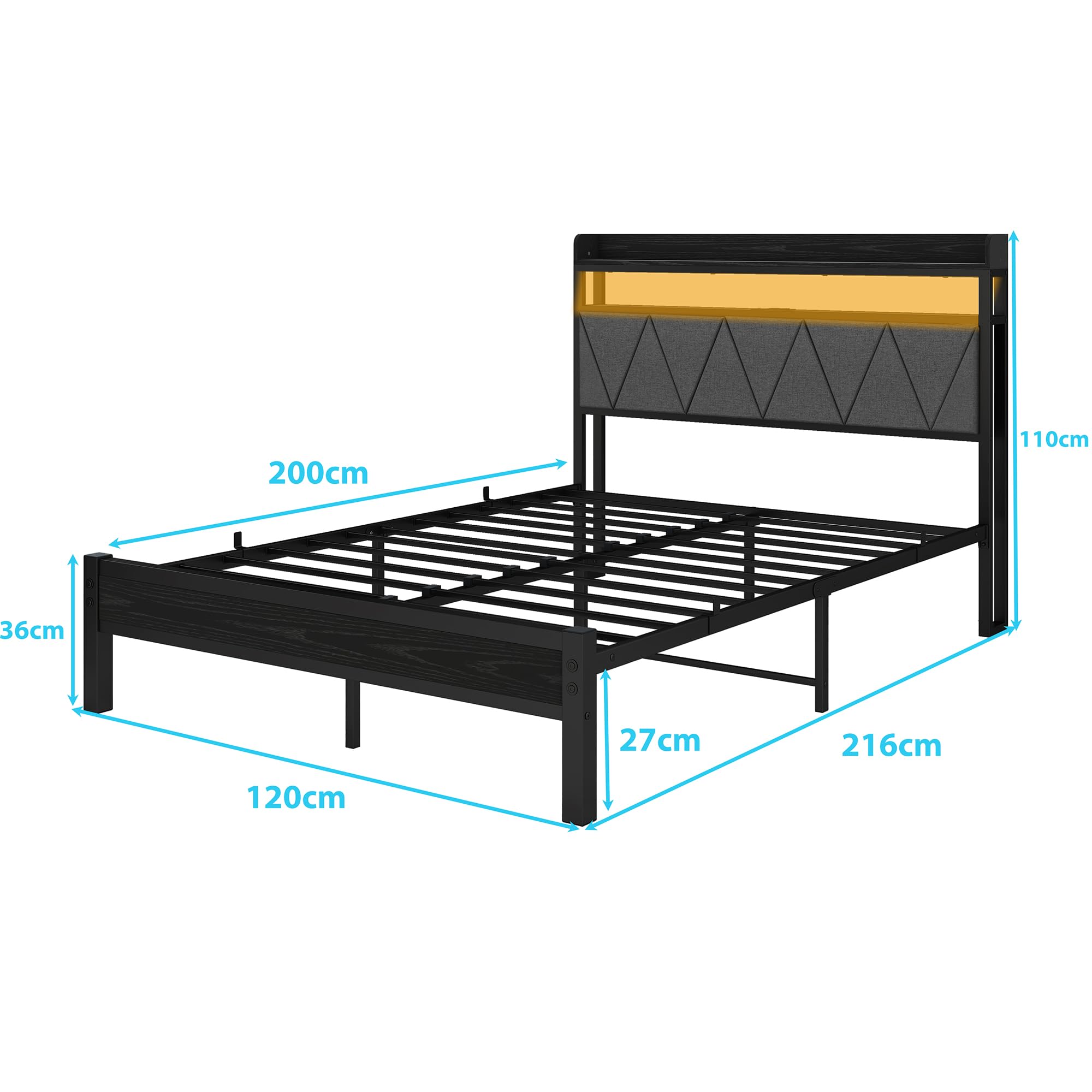 Telaio letto da 120 x 200 cm con testiera imbottita in legno con due ripiani, stazione di ricarica, luci a LED, telaio in metallo robusto, non è necessaria alcuna rete imbottita