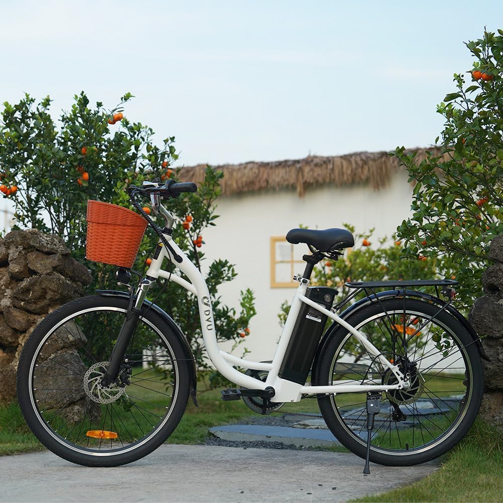 DYU Bicicletta Elettrica,26 pollici Bici Elettrica con Cambio a 6 velocità,12,5 Ah 36 V Batteria Rimovibile,City E-Bike con Cestino,Altezza del Sedile Regolabile,Adulti Unisex