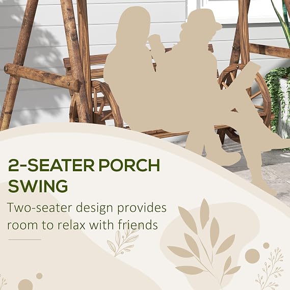 Outsunny 2-Seat Porch Swing A-Frame Stand Wooden Log Patio Carbonized Brown | Swing Chair Bench, Wagon Shaped Armrests, Garden, Poolside, Backyard