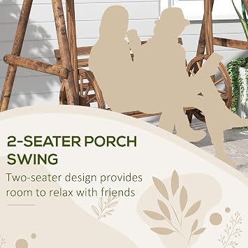 Outsunny 2-Seat Porch Swing A-Frame Stand Wooden Log Patio Carbonized Brown | Swing Chair Bench, Wagon Shaped Armrests, Garden, Poolside, Backyard