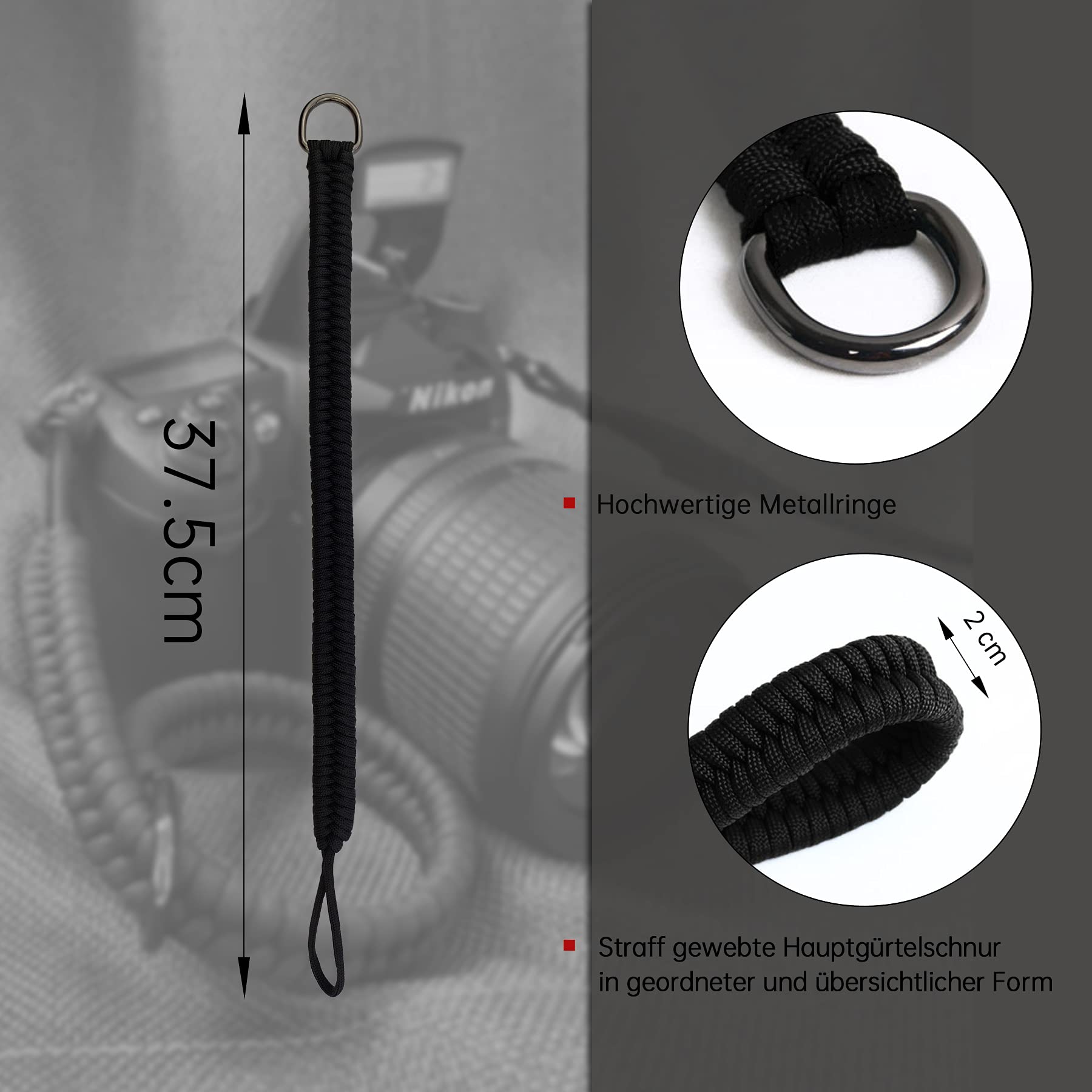 Dreamark Kamera Handschlaufe DSLR, Kameragurt aus Paracord 550 Schultergurt Kamera für Systemkamera Canon Sony Nikon Leica Panasonic Fuji Olympus DSLR SLR