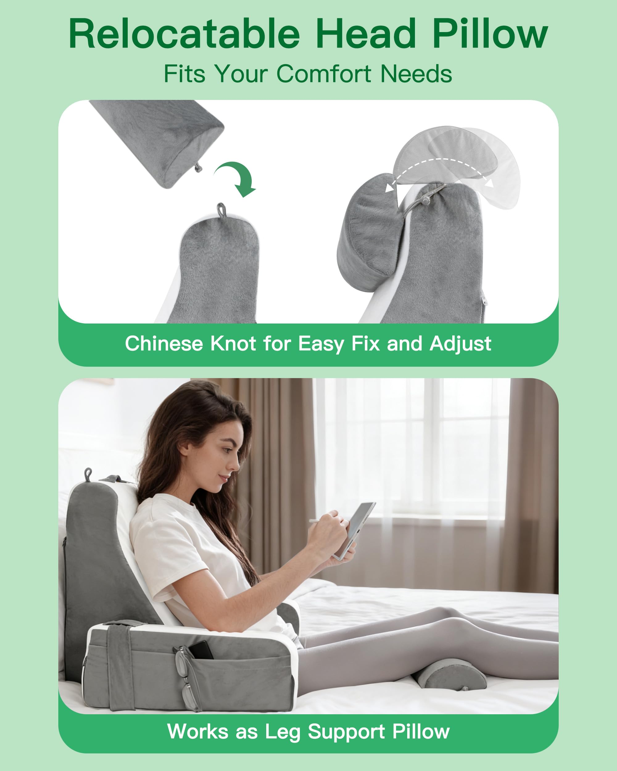 Lesekissen für Bett und Sofa, Bücherkissen mit Abnehmbarer Nackenrolle & Armlehne, Rückenkissen Bett, Wandkissen Multifunktions-Keilkissen zum Lesen, Arbeiten, Fernsehen