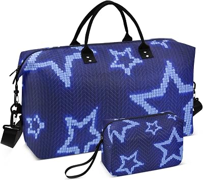 Blue Pixel Stars Travel Hand Bag Weekender Travel Overnight Bag Sports Gym Tote Bag with Adjustable Strap for Hiking Waterproof, Blue Pixel Stars, 1 size, Blue Pixel Stars, 1 size