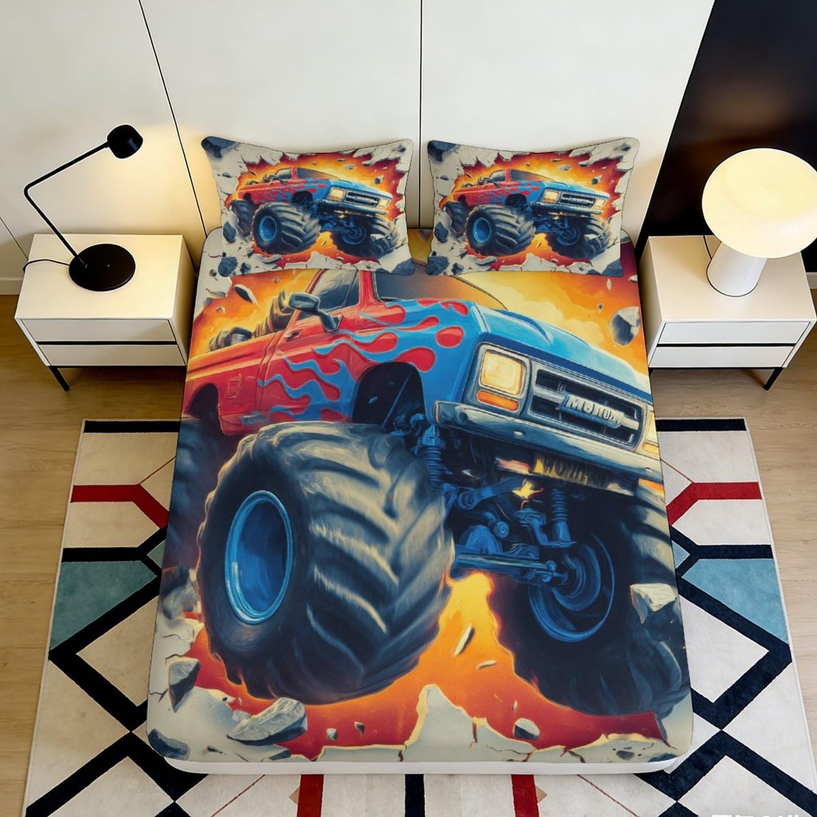 3D Printed Monster Truck Fitted Sheet Microfiber Soft Durable Fire Flame Bed Cover for Bedroom Dorm Youth Mattress Protection Decor 90x200x25cm