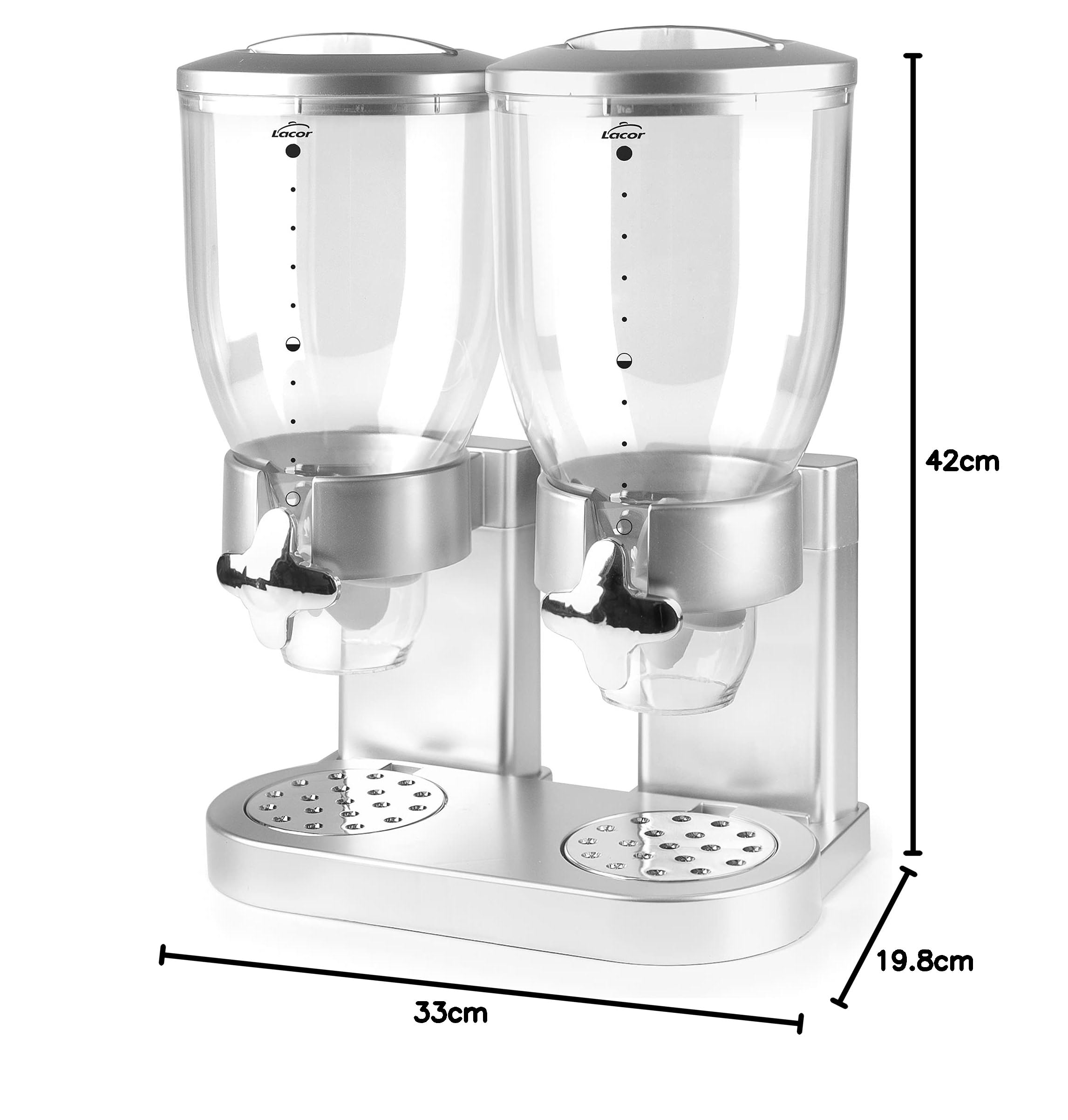 LACOR 62597 Distributeur de céréales, Fruits secs, pâtes et Bonbons, Double récipient, Deux récipients de 3,5 L, système Rotatif, sans BPA, 33 x 20 x 42 cm, Gris
