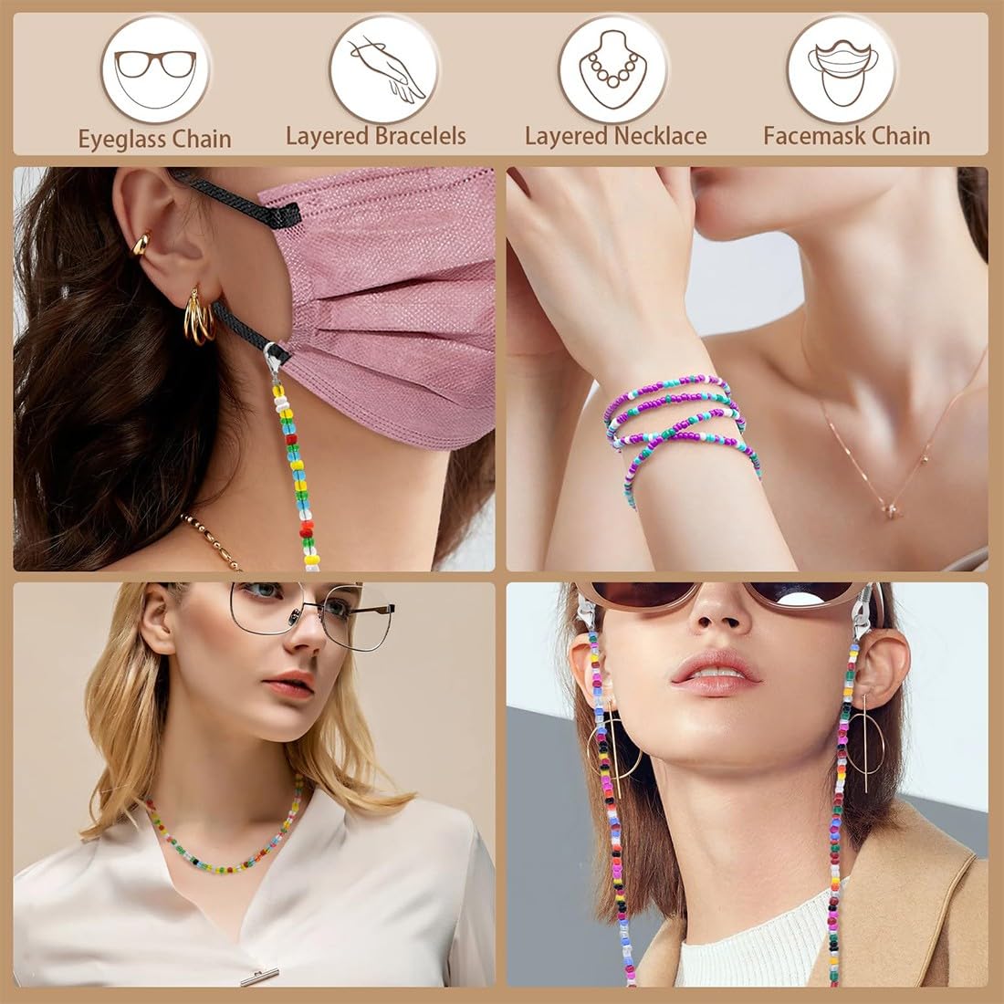 WXNPA Catene per Occhiali da Vista con Perline Catenina Occhiali Catena per Occhiali da Sole con Anelli in Silicone Antiscivolo per Donna Uomo (4 Pezzi)