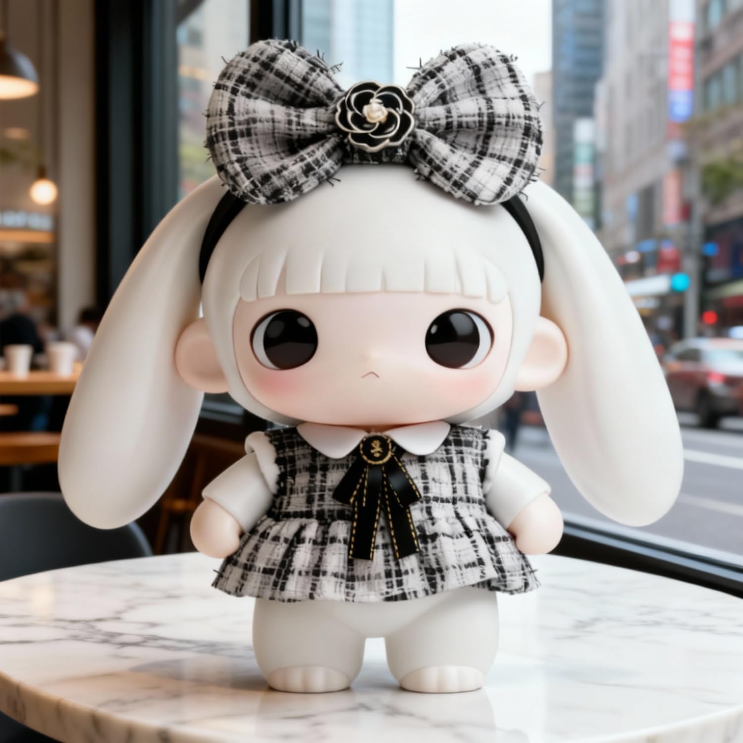 Black & White Plaid Tweed Doll Clothes for 17cm Plushies - 3-Piece Dress Set with Pearl Flower Bow & Necktie, Kawaii Outfit Compatible with Labubu 6.7" Vinyl Face Monster Art Toy (No Doll)(Style D)