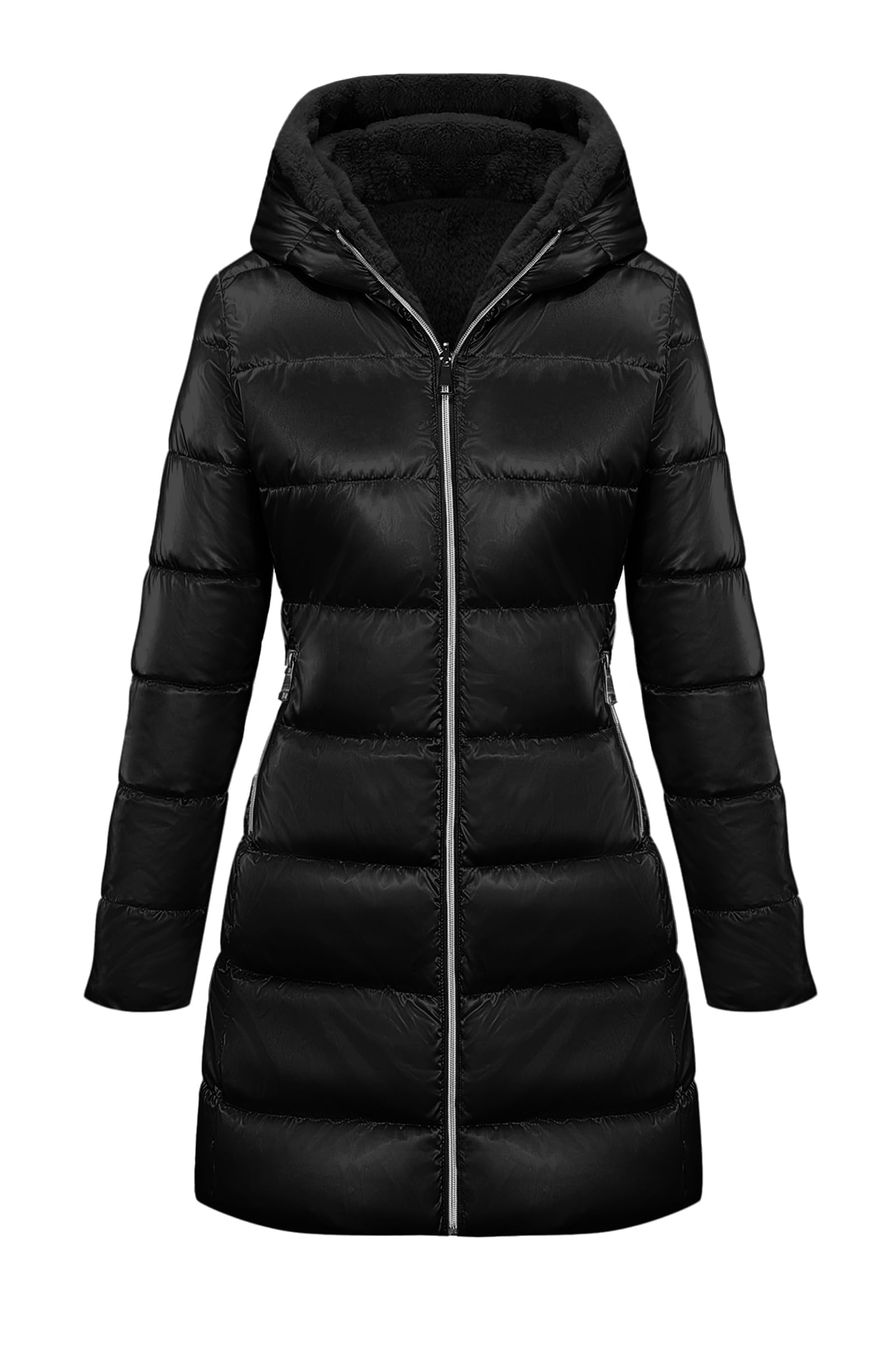 Giolshon Chaquetas reversibles de pelo sintético y brillantes para mujer Abrigo acolchado con capucha resistente al agua Longitud media