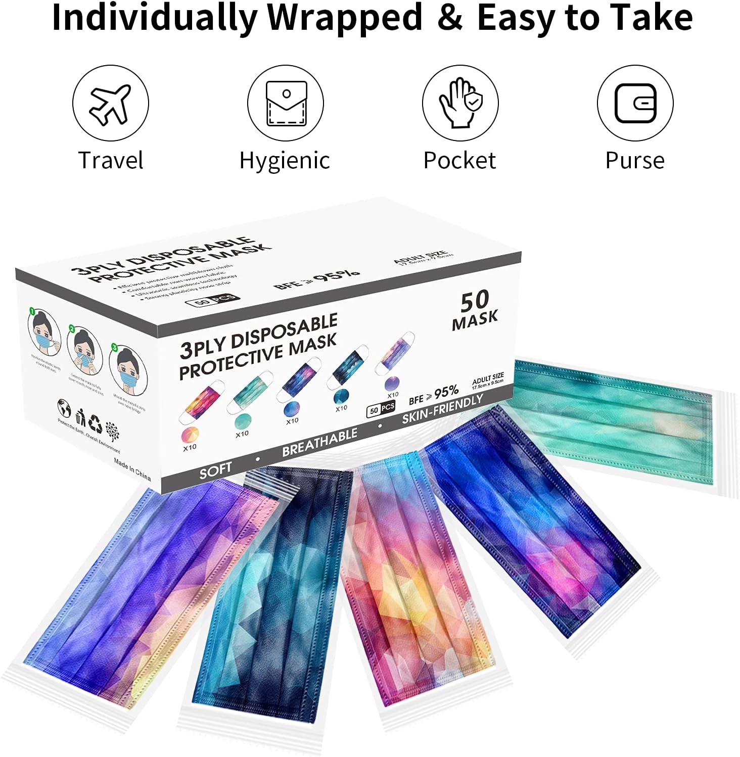 X-CHENG Disposable Face Mask Individually Wrapped - 50 Pcs Face Mask Non Woven Disposable 3 Ply Earloop for Men & Women