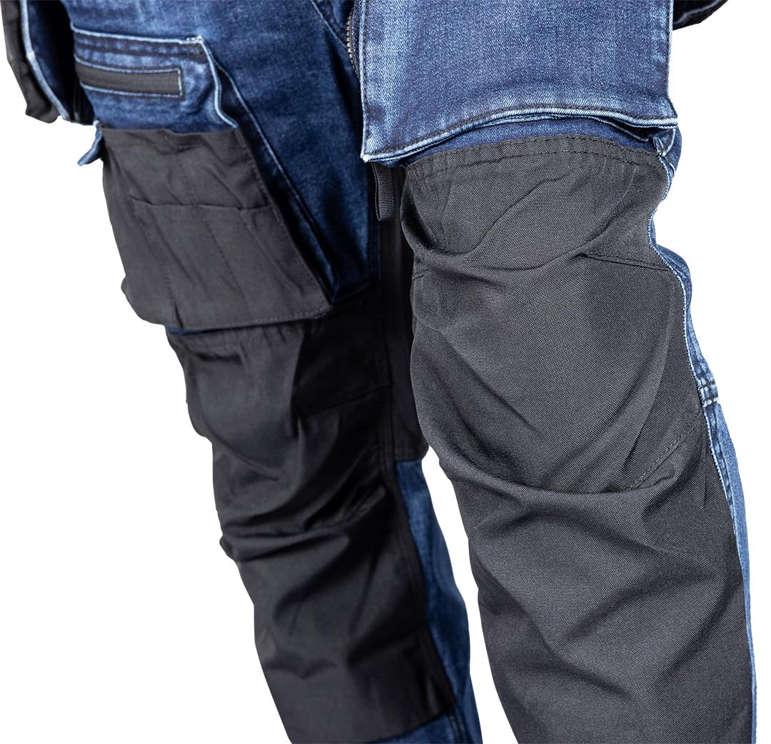 NEO TOOLS Pantalones de trabajo resistentes para hombre, de tela vaquera, 400 g/m², con bolsillos acolchados en las rodillas, refuerzos de cordura y porcentaje elástico