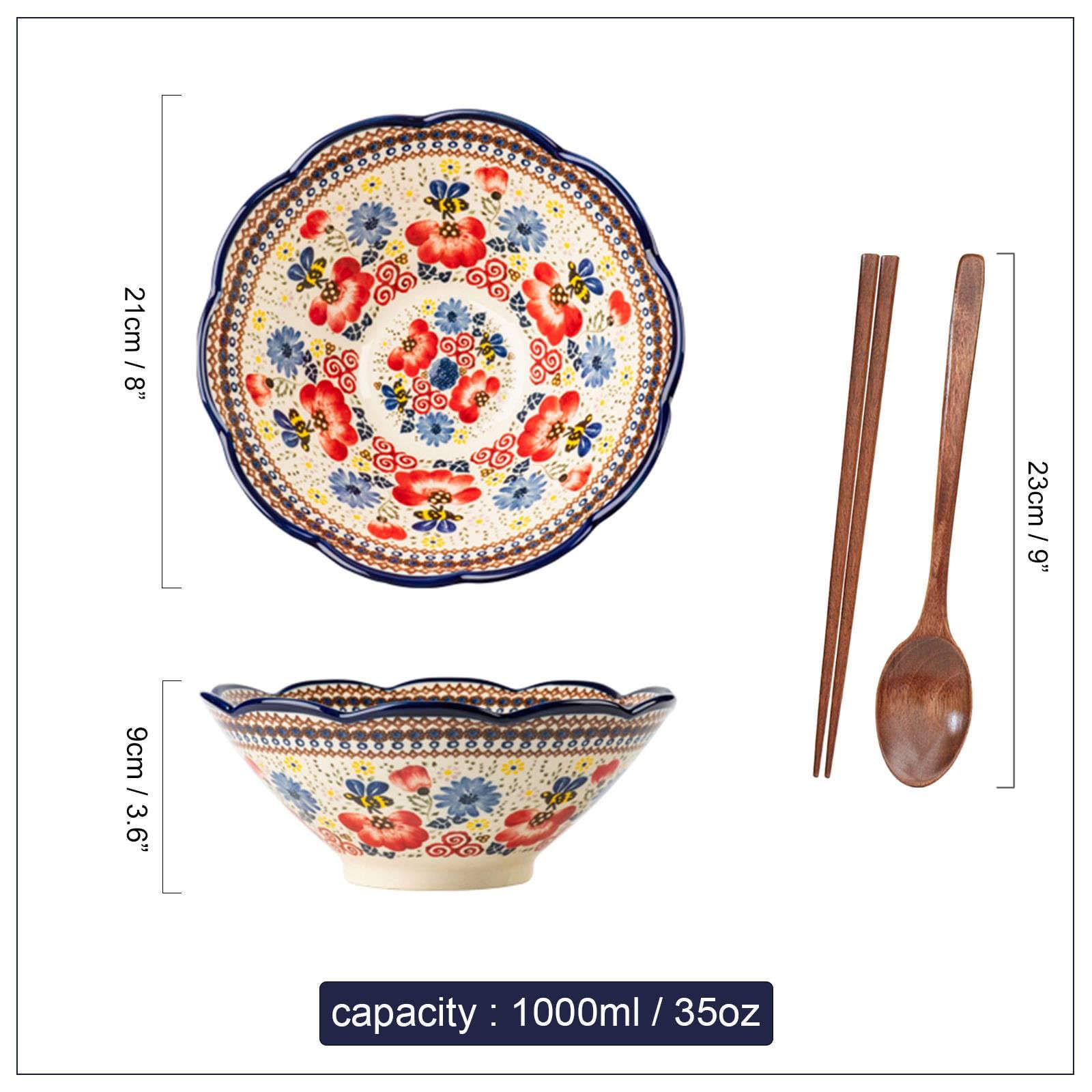 Keramik-Instant-Nudelschüssel, Ramen-Schüssel 2er-Set, Keramik-Ramen-Schüssel, große Suppenschüsseln-Blau und Blumen-8 Zoll(Red)