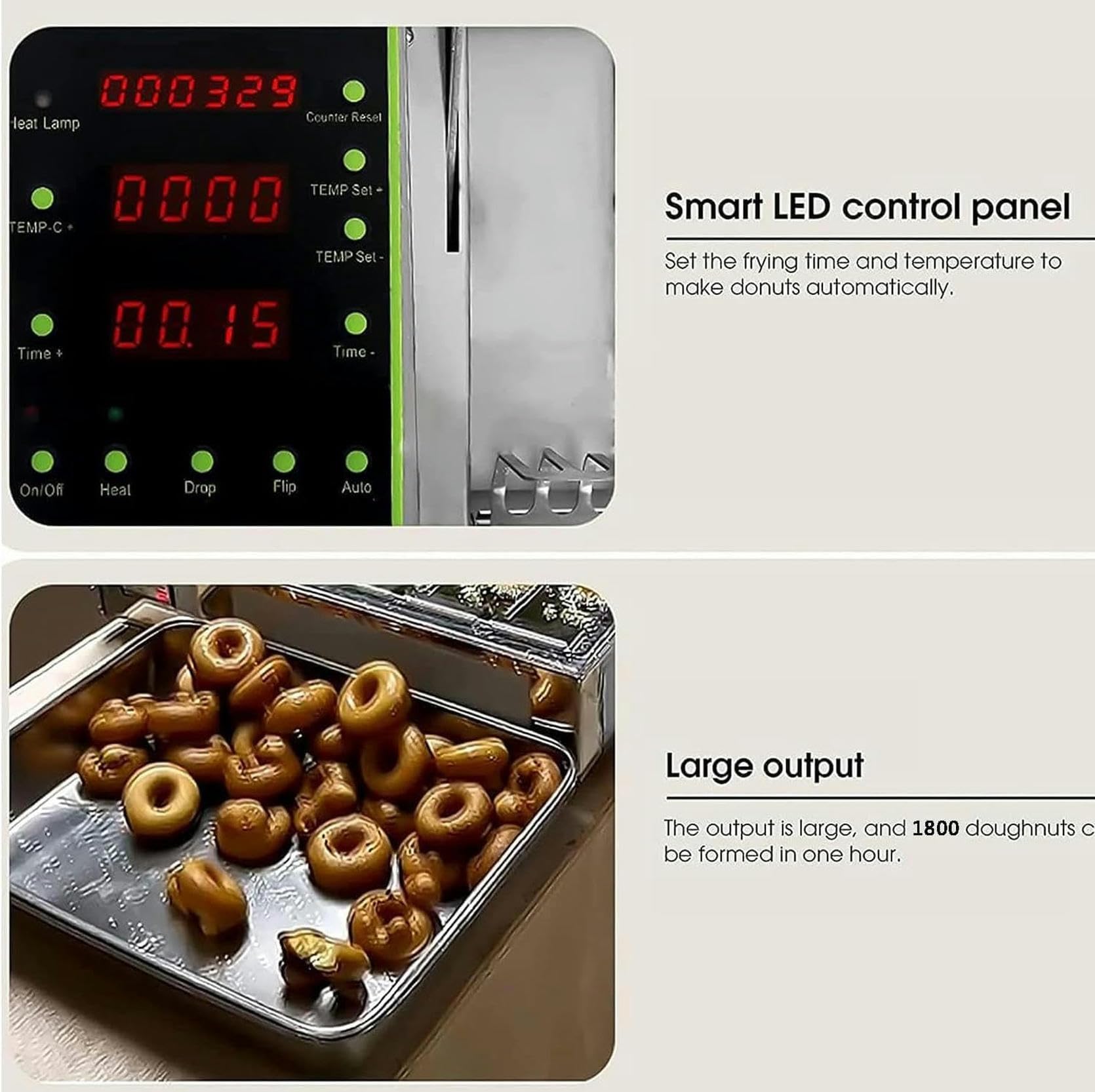 Máquina para hacer donas totalmente automática, 2000 W, comercial, 4 filas, con tolva de 5.5 L, grosor ajustable de 1800 piezas/H, freidora de donas con tapa automática