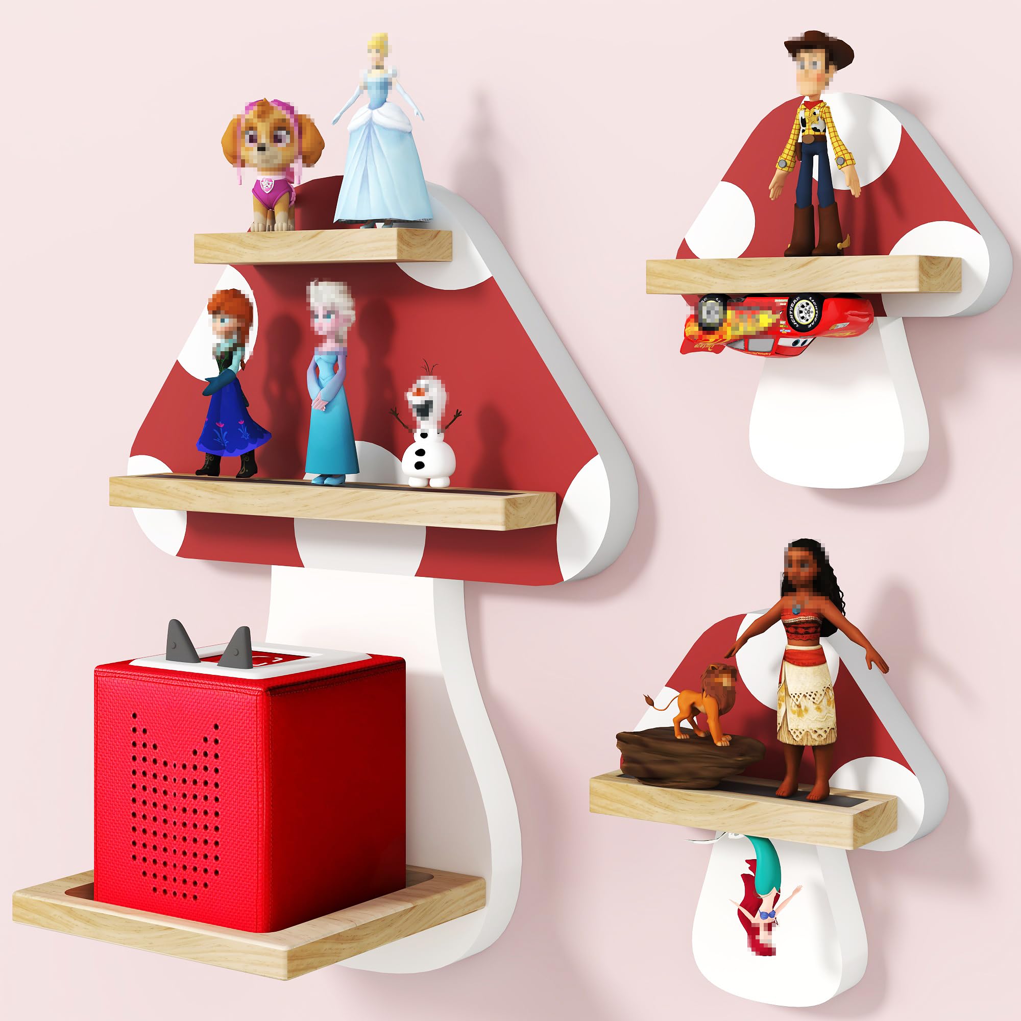 Eostbe Mushroom Tonie Shelf for Tonie and Tonie Box - Set of 3 Magnetic Tonie Wood Floating Shelf for Tonie Storage, Cute Tonie Wall Shelf for 12-20 Tonie Figures,Tonie Box Shelf Wall Mounted for Kid.