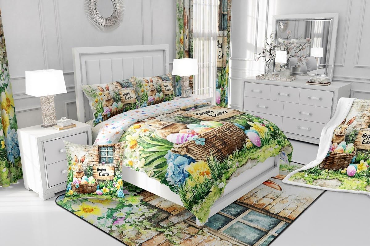 Manfei Easter Rabbit Comforter Set King Size 3 Pcs,Lovely Garden Animal Watercolor Flowers Eggs Bedding Set,Spring Pastoral Style Floral Garden Quilt Set for Adults Bedroom,2 Pillowcases