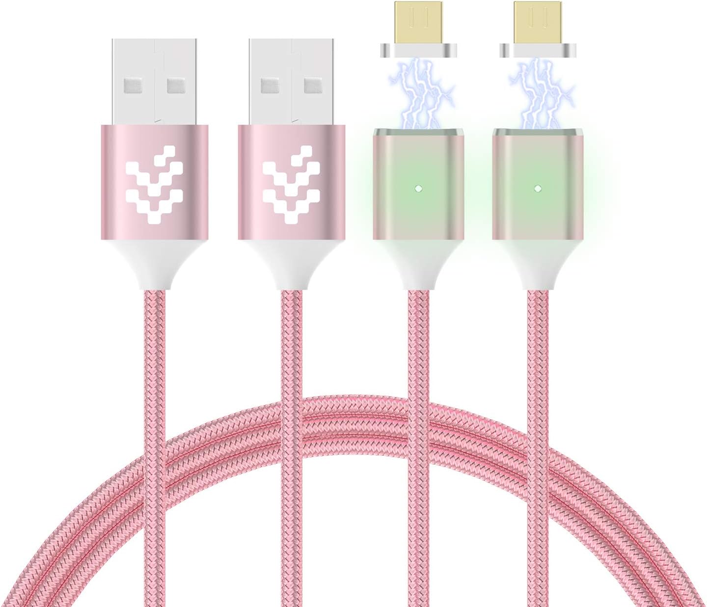 WMZ 2 Pack Magnetic Micro USB Cable, Nylon Braided Data Sync Charger Cord with LED Indicator Charging Cables for Samsung S2 S3 S4 S6 S7 Edge, Note 2/3/4/5, Tab S2 S LG (2 Pack Pink)