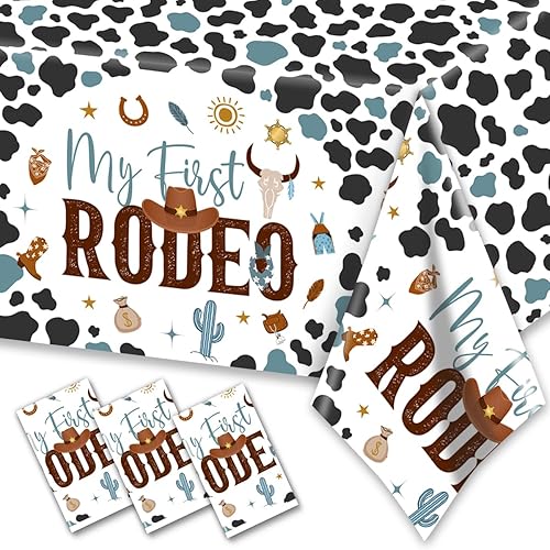 CMUSKO 3 manteles de plástico con texto en inglés My First Rodeo, decoraciones de vaquero, para baby shower, estampado de vaca azul, desechables,