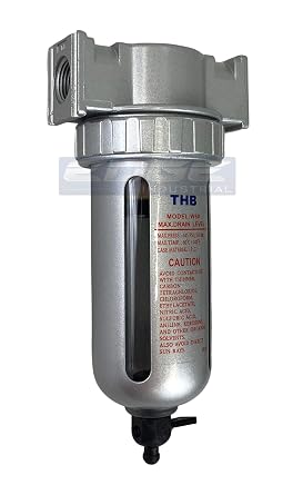 MID FLOW PARTICULATE FILTER/WATER TRAP FOR AIR COMPRESSOR COMPRESSED AIR LINES, 5u WITH POLY BOWL AND METAL BOWL GUARD 3/8" NPT