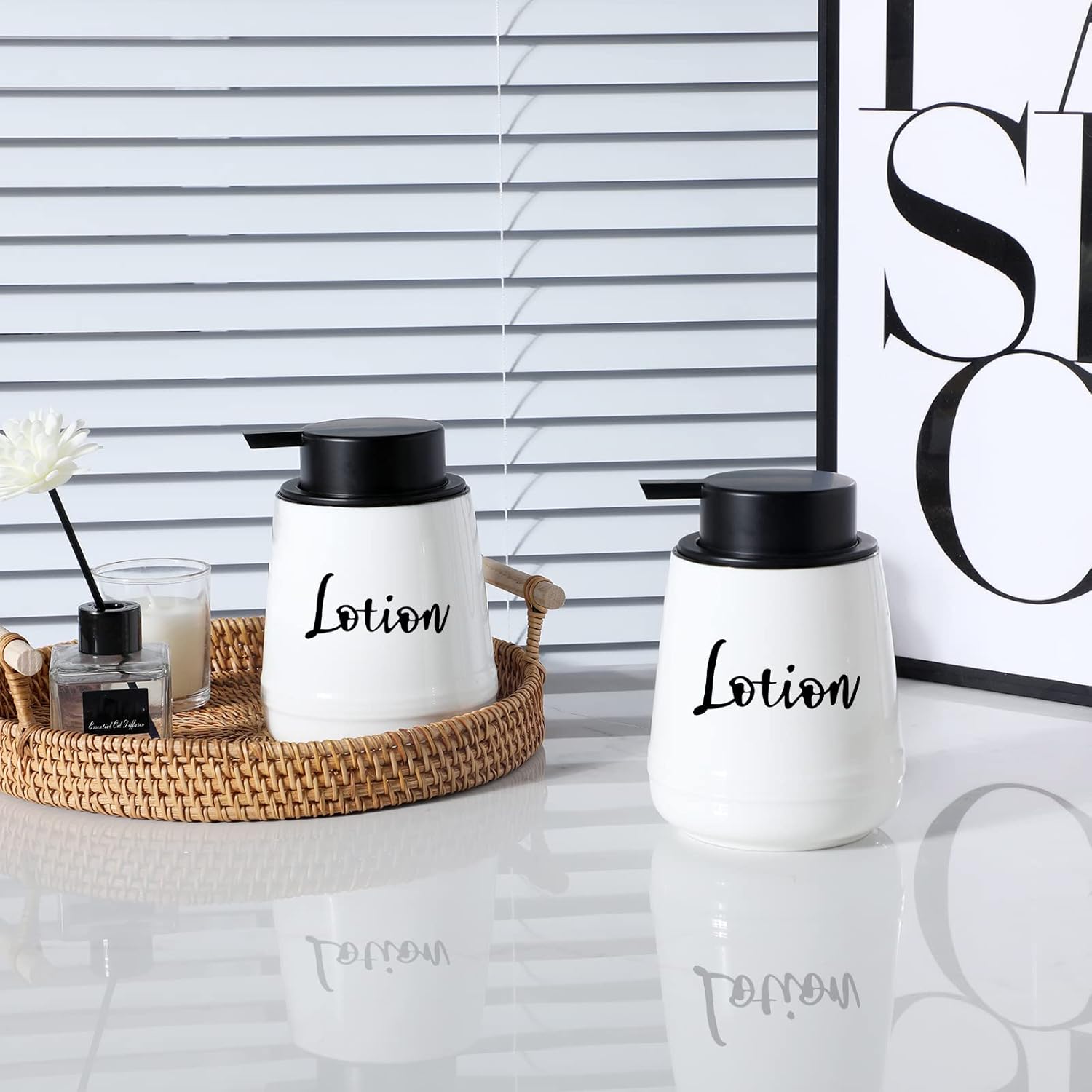 Bathroom Countertop Dispensers-Modern Ceramic Soap Lotion Dispenser Bottles, Hand Soap Dispenser for Bathroom, Dish Soap Dispenser for Kitchen, Easy-to-Press Pump (White, Labeled Lotion) - Image 8